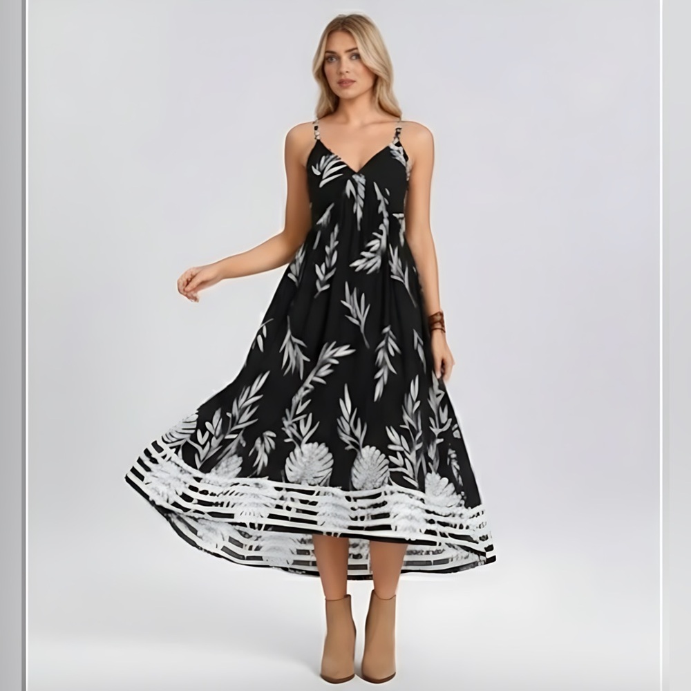 Boho Palm Leaf Print Dress Black/White